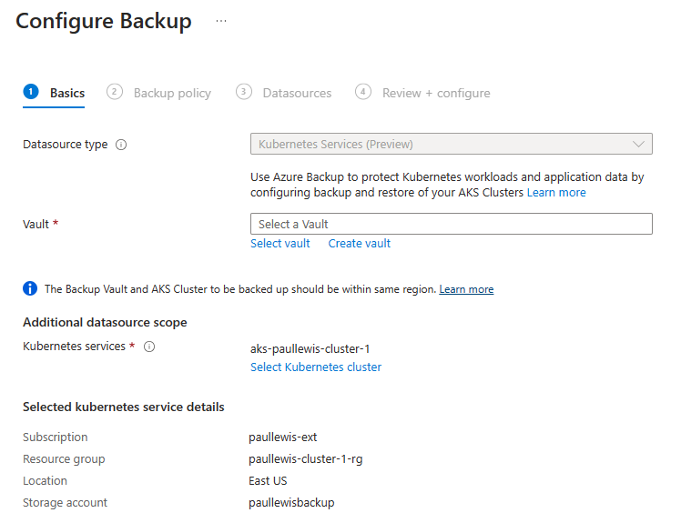 Select or create a new Backup Vault to store your backups in