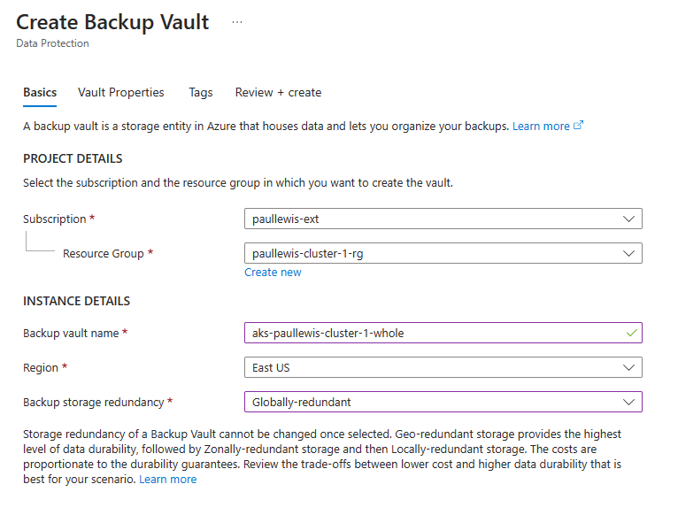 Define the properties for your new backup vault