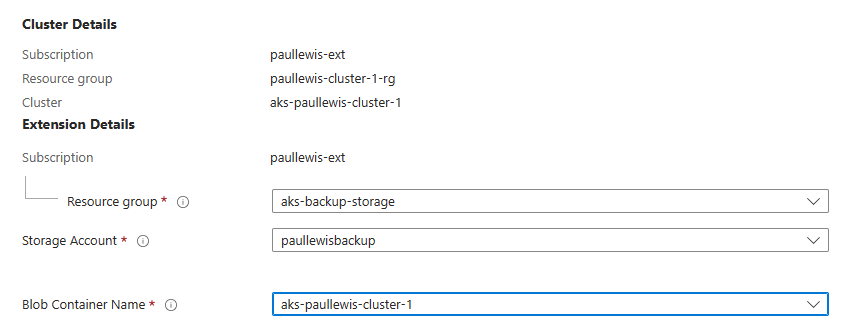 Configuring the storage account and container name to store your AKS cluster backups in
