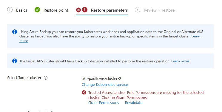 Validate the restore configuration, and grant additional permissions as prompted