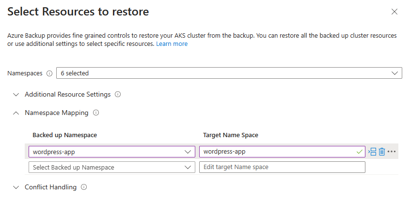 Select the namespace(s) you wish to restore, providing a Target Name Space name for each namespace chosen