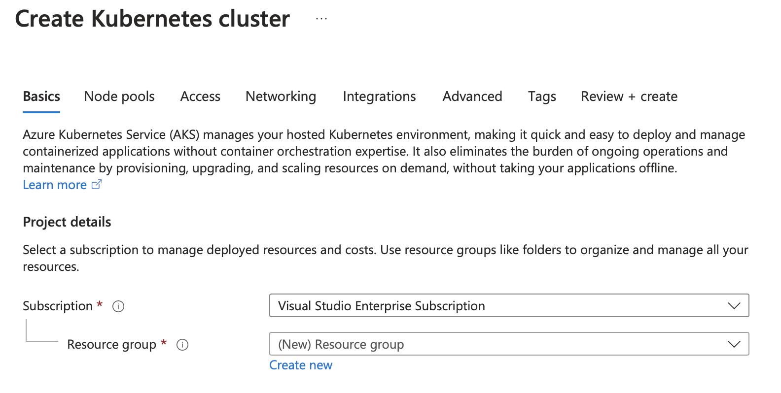 Azure Portal asking which Subscription and Resource Group to use when creating a new resource such as an AKS Cluster